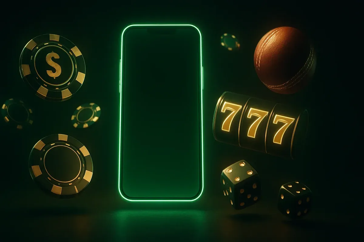 Mobile Casino Cricket Banner Glowing smartphone with casino chips, slot reels, dice, and cricket ball on dark luxurious background